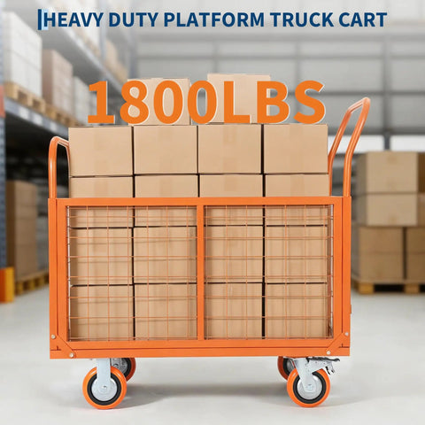 1800 Lbs Platform Truck Cart With Cage 6 In 1 Multi Functional Design Transforms Into Cage Cart Flatbed Dolly 2 Shelf Cart U Boat Truck Or 3 Side Fence Cart Hand Truck For Warehouse Groceries And Heavy Moving orange cage cart loaded with boxes in warehouse