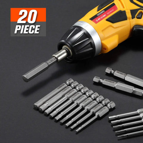 Twenty Piece Hex Bit Set With Magnetic S2 Steel Drill Bits For SAE And Metric Allen Wrenches, shown on black surface.