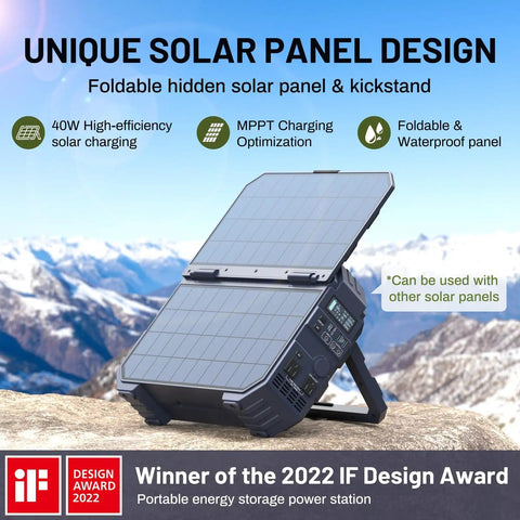 1600W Portable Power Station With 1024Wh LiFePO4 Battery And Built In Solar Panel, dark blue, on mountain background