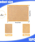 10 Pack 70mm x 90mm PCB Board Prototype Kit showing front and back views with dimensions for electronics experiments