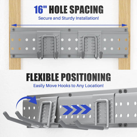 Heavy Duty 48 Inch Garage Tool Organizer Wall Mount With 10 Adjustable Hooks Holds Up To 400 Lbs For Garage Shed Garden Yard Organization Storage Rack Grey Sturdy As Nails, showing 16-inch hole spacing and flexible hook positioning.