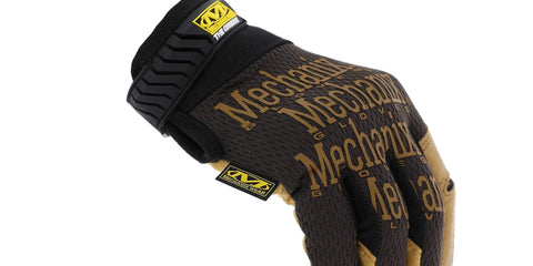 Side view of Original Leather Work Gloves With Durable Synthetic Leather For Protection TrekDry Breathable Fit, size small, brown and black.