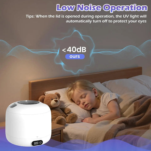 Top Shelf Upgraded Ultrasonic Retainer Cleaner With Uv Sterilization And 45Khz High Frequency Bubble Action for quiet operation in a bedroom.