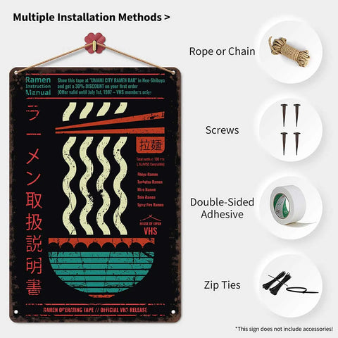 Vintage Metal Sign Ramen And VHS Theme For Home Office Garage Decor 8 By 12 Inch Tin Wall Art Poster with installation options