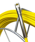 Close-up of Pro Grade 8MM 150M Fiberglass Duct Rodder with metal tip and yellow fiberglass rod in cage for cable and wire pulling