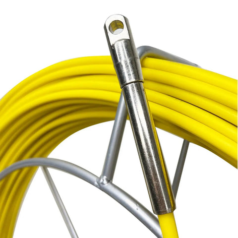 Close-up of Pro Grade 8MM 150M Fiberglass Duct Rodder with metal tip and yellow fiberglass rod in cage for cable and wire pulling