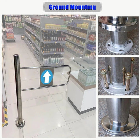 Rock Solid Spring Loaded Swing Gate With Easy Auto Close, Self Closing One Way Metal Security Barrier, Post Mount Pedestrian Door For Warehouse And Retail Spaces, Smooth Push Operation Built Tough, ground mounting. 