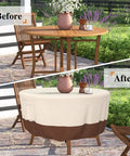 Beefy Heavy Duty Round Patio Table Cover For Outdoor Tables 48 Inch Diameter And 26 Inch Height Waterproof Weather Resistant UV Protected Fits Veranda Deck Garden Patio Dining And Coffee Tables Beige And Brown