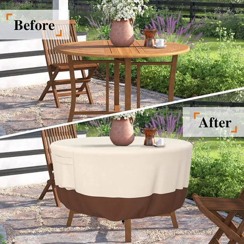 Beefy Heavy Duty Round Patio Table Cover For Outdoor Tables 48 Inch Diameter And 26 Inch Height Waterproof Weather Resistant UV Protected Fits Veranda Deck Garden Patio Dining And Coffee Tables Beige And Brown