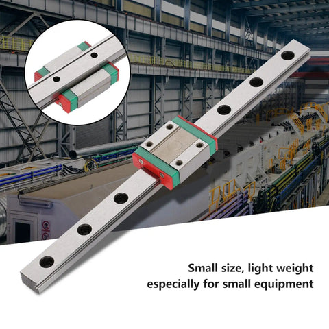 Small But Mighty Miniature Linear Rail Guide 12mm Wide With Slide Block 4 Point Contact For CNC, shown on industrial background