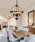 Rustic Farmhouse 4-Light Orb Pendant Chandelier in Oak Finish, Vintage Industrial Style over dining table in living room