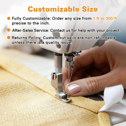 Sewing machine stitching sand-colored HDPE fabric for Sun Shade Sail Triangle 16x16x22.6 Ft Sand Color With Curved Edges 185GSM