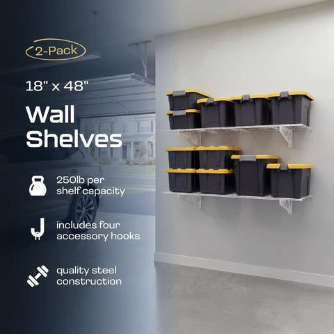 Heavy Duty White Steel Garage Wall Shelves 2 Pack, 18 X 48 Inch, 500 Lb Rock Solid Frame, Hammertone Coated Wire Shelving Rack For Effortless Home Organization And Storage