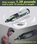 WORKPRO 12V cordless rotary tool kit; gray and black body with lime-green accents, displayed on a digital scale.