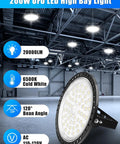Powerful 200W UFO LED High Bay Light With 10000 Lumens Industrial IP54 Warehouse Lighting 6000K Cool White 120 Degree Beam Energy Saving For Garage Factory And Workshop 2-Pack in a warehouse setting