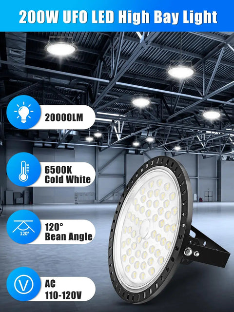 Powerful 200W UFO LED High Bay Light With 10000 Lumens Industrial IP54 Warehouse Lighting 6000K Cool White 120 Degree Beam Energy Saving For Garage Factory And Workshop 2-Pack in a warehouse setting