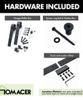 Rustic Black Non Bypass Sliding Barn Door Hardware Kit including hangers, spacers, lag bolts, and junction plates