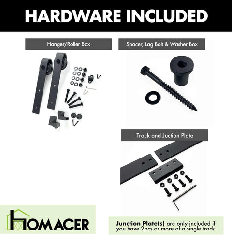 Rustic Black Non Bypass Sliding Barn Door Hardware Kit including hangers, spacers, lag bolts, and junction plates