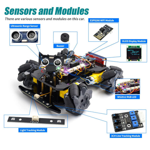 Adeept Mecanum Wheel Smart Car Kit with Arduino IDE, line and light tracking, OLED display, RGB LED.