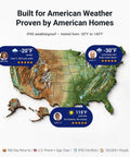 US map with temperature icons showing durability of Plug And Play Wireless Outdoor Home Security Camera System 4 Camera Kit With Solar Power