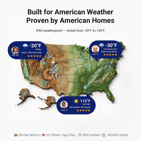 US map with temperature icons showing durability of Plug And Play Wireless Outdoor Home Security Camera System 4 Camera Kit With Solar Power