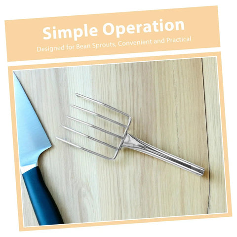 Stainless Steel Bean Sprout Fork Garden Hand Tool Portable Mucking And Digging Trowel next to kitchen knife on wooden surface