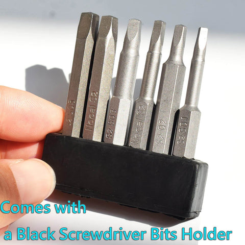Square Head Screwdriver Bits Set, 6 Sizes SQ1 SQ2 SQ2.7 SQ3 SQ4 SQ5, 1/4 Inch Hex Shank, Magnetic Tips, includes bit holder