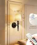 NICOLONOR Battery Operated Wall Sconces Set of 2, Wireless Wall Lights with 12 RGB Colors and 3CCT Dimmable on wall, measurements shown.