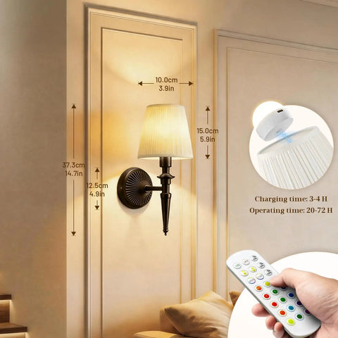 NICOLONOR Battery Operated Wall Sconces Set of 2, Wireless Wall Lights with 12 RGB Colors and 3CCT Dimmable on wall, measurements shown.