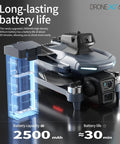 Ultimate 4K Drone With Dual HD Cameras Foldable Quad with battery shown, highlighting 2500mAh capacity and 30-minute fly time.
