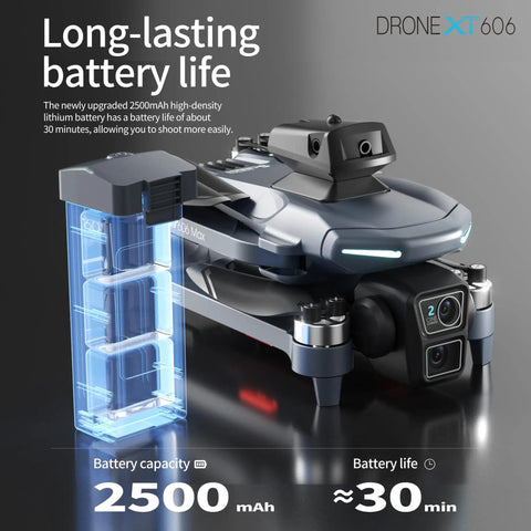 Ultimate 4K Drone With Dual HD Cameras Foldable Quad with battery shown, highlighting 2500mAh capacity and 30-minute fly time.