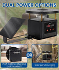 Set It Forget It Digital Auto Deer Feeder Timer Kit With Integrated Solar Panel and Precise Programming Controls showing dual power options.