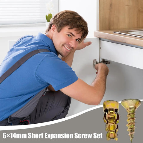 Man using Expansion Screw Set For Drywall And Concrete Pro Grade Carbon Steel Wall Anchors on cabinet hinge