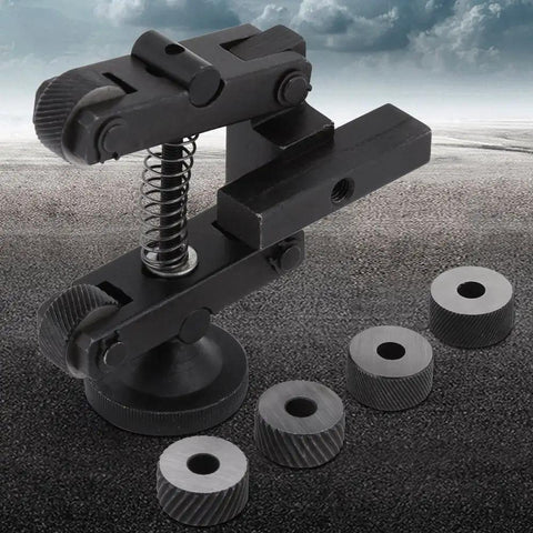 Mini Lathe Knurling Tool Set with Adjustable Shank, shown with 0.8mm and 1.2mm carbon steel knurling wheels.