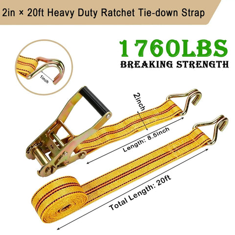 Tough As Nails Heavy Duty Ratchet Straps 2 Pack 2 Inch By 20 Feet Tie Down Gear showcasing strap with double J hook and break strength.
