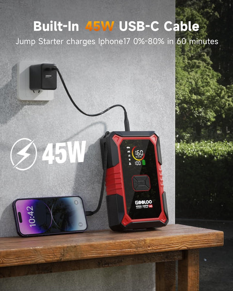 4 In 1 Jump Starter With Air Compressor And Tire Inflator, 4000A Car Battery Booster charging phone via 45W USB-C cable