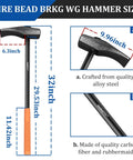 Dimensions of bead breaker tire tool, 32-inch long hammer with ergonomic grip, crafted from alloy steel and carbon fiber.