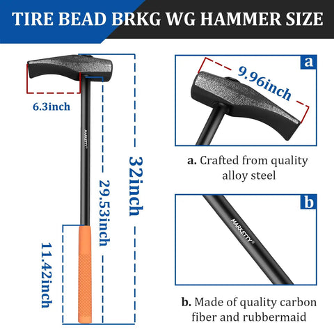 Dimensions of bead breaker tire tool, 32-inch long hammer with ergonomic grip, crafted from alloy steel and carbon fiber.