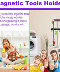 Heavy Duty Magnetic Mop Broom Holder With Swivel Hooks For Cleaning Tools Neodymium Magnet Mount Tool Hanger installed in a laundry room