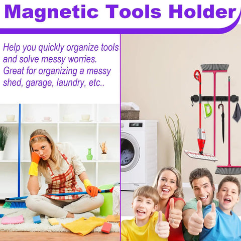 Heavy Duty Magnetic Mop Broom Holder With Swivel Hooks For Cleaning Tools Neodymium Magnet Mount Tool Hanger installed in a laundry room