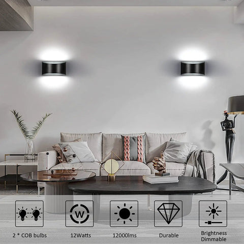 Modern Led Wall Sconce Set Of 2 with Up and Down Lighting in living room setting, hardwired, black wall mount, 3000K warm white