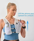 Person demonstrating Lightweight Hydration Vest With 350 ML TPU Soft Bottle For Running Hiking And Cycling Adjustable Hands Free Water Pack With Waterproof Phone Pocket For Women And Men