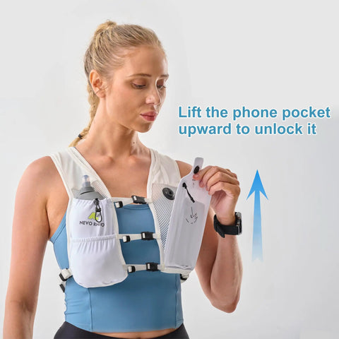 Person demonstrating Lightweight Hydration Vest With 350 ML TPU Soft Bottle For Running Hiking And Cycling Adjustable Hands Free Water Pack With Waterproof Phone Pocket For Women And Men