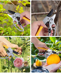 Premium German Pruning Shears Heavy Duty Garden Clippers cutting branches and flowers in garden, yellow ergonomic handle