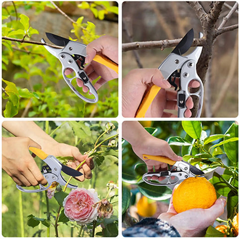 Premium German Pruning Shears Heavy Duty Garden Clippers cutting branches and flowers in garden, yellow ergonomic handle