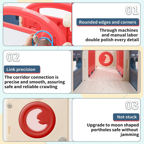 Close-up of features, including rounded edges, smooth links, and moon-shaped portholes on 12 in 1 toddler playset with swing and slide.
