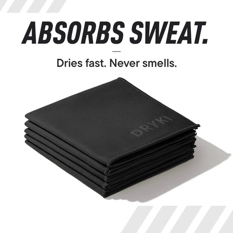 Stack of black pocket sized sweat towels for face hands and body on the go quick dry microfiber handkerchiefs 5 pack