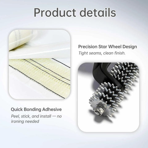 Diy No Sweat Carpet Patch Repair Kit With 5 Inch Star Wheel Seam Roller And 16 Ft Double Sided Carpet Joining Tape For Easy Home And Office Repairs Ideal For Quick Patches. close-up of star wheel roller and carpet tape