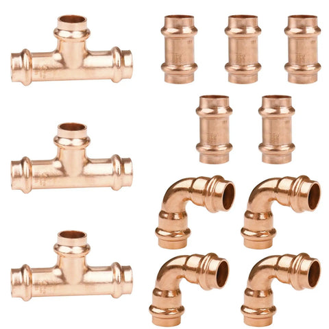 12 Pack 1/2 Inch Copper Press Fittings Kit With Pro Press Couplings Elbows And Tees for home DIY water piping installations