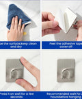 Instructions for Super Strong Adhesive Hooks With Extended Stainless Steel Bar For Heavy Duty Wall Mount installation steps.